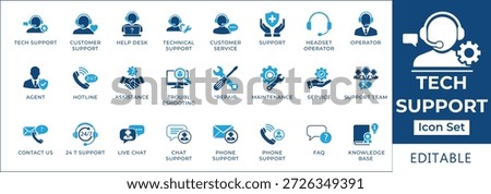Tech support and customer service icon set featuring help desk, technical assistance, hotline, support, live chat, maintenance, troubleshooting, and call center agent symbols.