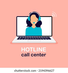 Tech support and customer service landing concept. Women with headphones and microphone on laptop screen. Assistance, call center. Vector illustration.