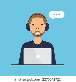 Tech support and customer service landing concept. Man with headphones and microphone on computer screen. Assistance, call center. Vector illustration.