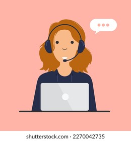 Soporte técnico y concepto de aterrizaje de servicio al cliente. Mujeres con audífonos y micrófono en la pantalla del portátil. Asistencia, centro de llamadas. Ilustración vectorial.