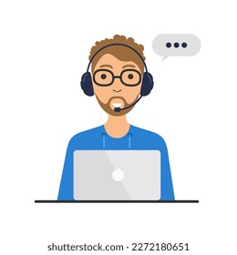 Tech support and customer service landing concept. Man with headphones and microphone at laptop. Assistance, call center. Vector illustration isolated on white.