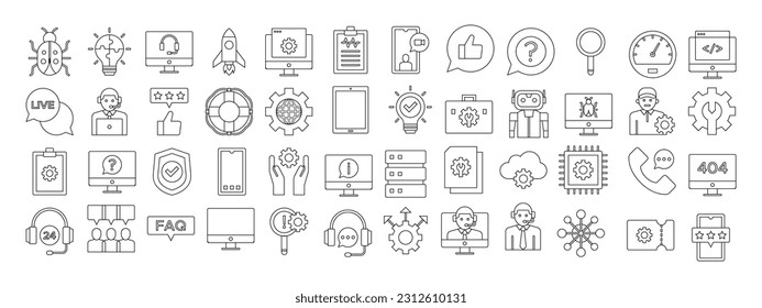 Tech support doodles set. Modern outline elements line icons, graphic design concepts, simple symbols collection. Vector line icons