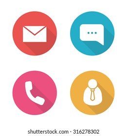 Tech support flat design icons set. Call center client manager. Live online chat and customer service. Telephone consultation. Office work long shadow silhouette symbols. Vector infographic elements