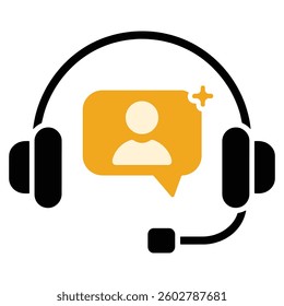 Tech support icon with headphones, microphone, and chat bubble. Customer service, call center, and user consultation symbol. Hotline and operator assistance concept.