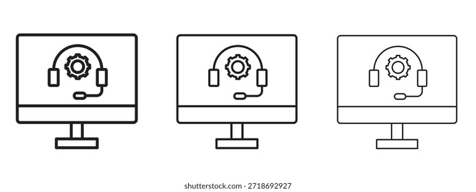 Conjunto de pictogramas negros con logo de Asistencia tecnológica. arte de contorno de línea delgada.