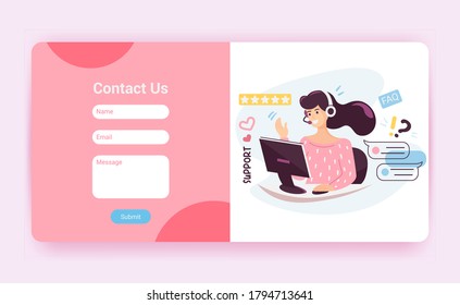 Plantilla de página de inicio de soporte técnico con formulario de contacto con nosotros. Operador de servicio al cliente con auriculares con micrófono que hablan con el cliente, sitio web de maquillaje. Ilustración vectorial de dibujos animados.