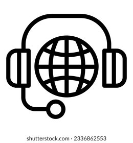 Tech support line icon. Headphones and globe outline style pictogram on white background. Business customer worldwide care service for mobile concept and web design. Vector graphics