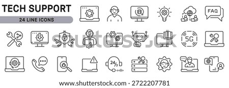 Tech Support line icons set showing Helpdesk, Support, Protection, Maintenance, Repair, Service. Editable stroke outline design