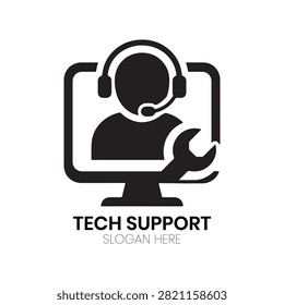 Tech Support logo highlights a headset and a wrench integrated with a computer monitor, emphasizing the human element of technical service and repair. This sleek, modern design works effectively for specialized IT support firms, managed service providers, remote help desks, software consultancy groups, or tech-focused repair companies needing a distinct, professional identity that communicates reliability, sophisticated intelligence, and future-proof digital system assistance.