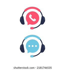 Tech Support Logo. Online Chat Icon And Virtual Help Service. Call Center 24-hour. Headphones With Microphone. Vector Illustration Isolated On White Background.