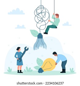 Tech support and maintenance service vector illustration. Cartoon tiny people repair and replace broken light bulb, electrician characters holding bright electric lamp and mechanic work tool
