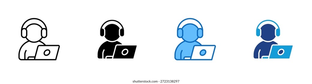 Vector de diseño de íconos de estilo múltiple de Asistencia tecnológica: persona con auriculares que usa una computadora portátil, que simboliza la Asistencia técnica en línea o la asistencia remota