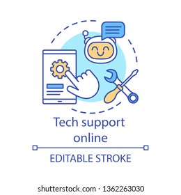 Tech support online concept icon. Virtual client care. Online help and advice. Application settings tools. Chatbot idea thin line illustration. Vector isolated outline drawing. Editable stroke