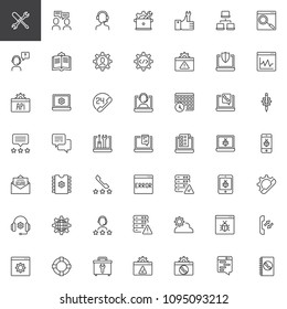 Tech support outline icons set. linear style symbols collection, line signs pack. vector graphics. Set includes icons as Settings, Conversation, Customer support, Online Repair, Technical Guide
