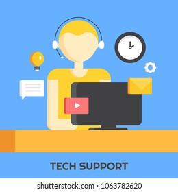 Tech support, Representative providing online support, Customer support flat vector illustration with icons