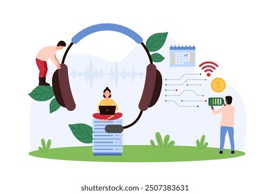 Tech support service, call center, technical solution to solve problem of customer. Tiny people work with headphones and laptop, professional technician holding battery cartoon vector illustration