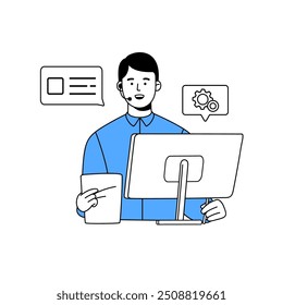 Tech support service employee in headset communicates with client. Call center worker in headphones helps to customer. Operator of hotline, helpdesk. Flat isolated outline vector illustration on white