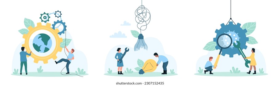 Tech support service set vector illustration. Cartoon tiny people with tools repair broken light bulb and gears, fix mechanism failure or damage, upgrade application settings and access to connection