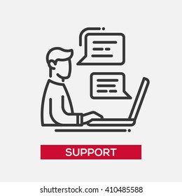 Tech Support Service Single Isolated Modern Vector Line Design Icon. Man Working At Laptop With Speech Bubbles