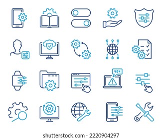Icono de línea de color de compatibilidad técnica, configuración y opciones. Engranajes, destornilladores e iconos de llave. Configurar, reparar y configurar conjunto de iconos de esquema. Stroke editable. Ilustración de vectores aislados.