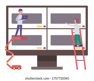 Tech support of website. Man holding laptop standing at crane, looking at screen of computer. Worker at ladder touching screen. Admin and programmer fixing website. Isolated cartoon characters