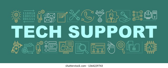 Tech support word concepts banner. Customer service. Technical support, free chatbot, problem fixing. Isolated lettering typography idea with linear icons. Vector outline illustration