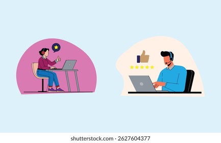 Tech Support Worker Receiving Five-Star Rating, Flat Design Vector Illustration