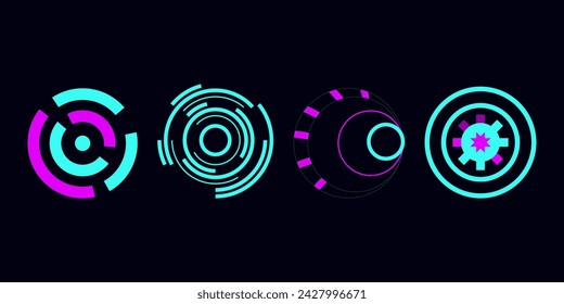 Tech template in cyberpunk style geometric shape. Graphic circles. Design social networks mobile application banners poster postcard presentation and advertisement. Vector illustration.