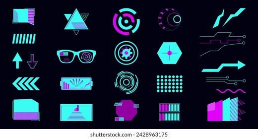 Tech template in cyberpunk style geometric shape. Set geometric shapes and graphs. Design social networks mobile application banners poster postcard presentation and advertisement. Vector illustration