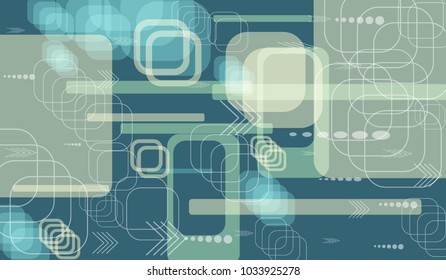 Tech Texture. Colorful Horizontal Technology Background with Frames, Squares, Dots, Arrows and Lines. Modern Abstract Texture for Web, Wallpaper, Applications. Trendy Digital Texture. Vector.