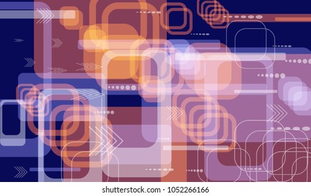 Tech Texture. Colorful Horizontal Technology Background with Frames, Squares, Dots, Arrows and Lines. Modern Abstract Texture for Web, Applications, Wallpaper. Vintage Digital Texture. Vector.