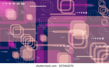 Tech Texture. Colorful Horizontal Technology Background with Frames, Squares, Dots, Arrows and Lines. Modern Abstract Texture for Wallpaper, Applications, Web. Retro Digital Texture. Vector.