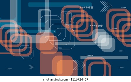 Tech Texture. Colorful Horizontal Technology Background with Frames, Squares, Dots, Arrows and Lines. Modern Abstract Texture for Web, Wallpaper, Applications. Retro Digital Texture. Vector.