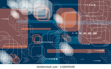 Tech Texture. Colorful Horizontal Technology Background with Frames, Squares, Dots, Arrows and Lines. Modern Abstract Texture for Wallpaper, Applications, Web. Trendy Digital Texture. Vector.