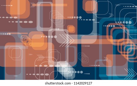 Tech Texture. Colorful Horizontal Technology Background with Frames, Squares, Dots, Arrows and Lines. Modern Abstract Texture for Wallpaper, Web, Applications. Trendy Digital Texture. Vector.