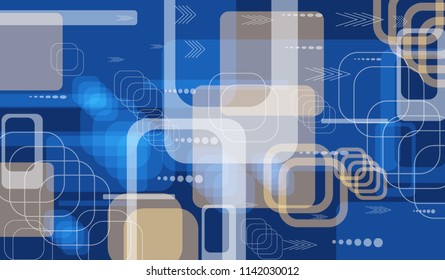 Tech Texture. Colorful Horizontal Technology Background with Frames, Squares, Dots, Arrows and Lines. Modern Abstract Texture for Wallpaper, Web, Applications. Trendy Digital Texture. Vector.