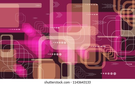 Tech Texture. Colorful Horizontal Technology Background with Frames, Squares, Dots, Arrows and Lines. Modern Abstract Texture for Wallpaper, Applications, Web. Retro Digital Texture. Vector.