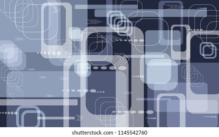 Tech Texture. Colorful Horizontal Technology Background with Frames, Squares, Dots, Arrows and Lines. Modern Abstract Texture for Web, Applications, Wallpaper. Vintage Digital Texture. Vector.
