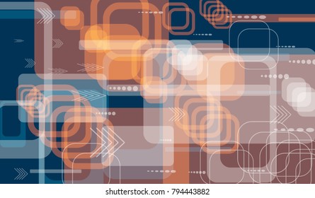 Tech Texture. Colorful Horizontal Technology Background with Frames, Squares, Dots, Arrows and Lines. Modern Abstract Texture for Web, Applications, Wallpaper. Retro Digital Texture. Vector.
