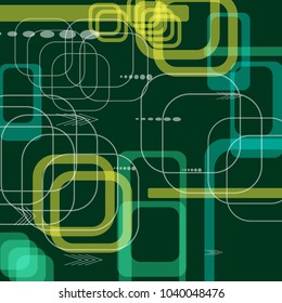 Tech Texture. Colorful Square Technology Background with Frames, Squares, Dots, Arrows and Lines. Modern Abstract Texture for Web, Applications, Wallpaper. Retro Digital Texture. Vector.