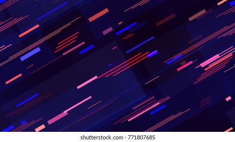 Tech Texture with Neon Polygonal Stripes and Speed Lines. Futuristic Background with Traces of Moving Fast Lights. Bright Stripes on Dark Backdrop. Packaging, Advertising Seamless Pattern Background.