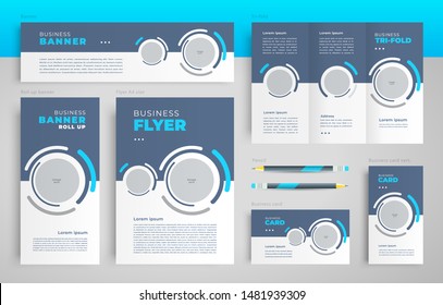 Tech theme Circles hub Set flyer cover, tri-fold, banner, roll up banner, business card