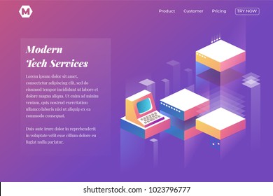 Página de inicio isométrica del tema técnico para el sitio web de la empresa. 