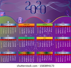 Tech themed multi color 2020 calendar in vector artwork.