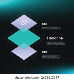 Tech 3 Infográfico Layout. Design moderno com três painéis de dados, título e espaço de título para apresentações comerciais. Gráfico de informações de desenvolvedor de 3 pilhas