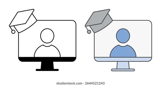 Tech training session icon with monitor, user, and graduation cap, in outline and color styles, ideal for illustrating IT onboarding, employee tech education, and cloud-based training programs.