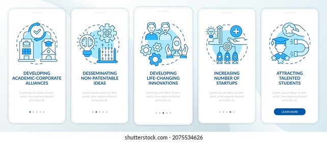 Tech transfer advantage onboarding mobile app page screen. Share nonpatentable ideas walkthrough 5 steps graphic instructions with concepts. UI, UX, GUI vector template with linear color illustrations