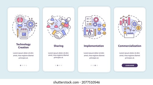 Tech transfer levels onboarding mobile app page screen. Creation and sharing walkthrough 4 steps graphic instructions with concepts. UI, UX, GUI vector template with linear color illustrations