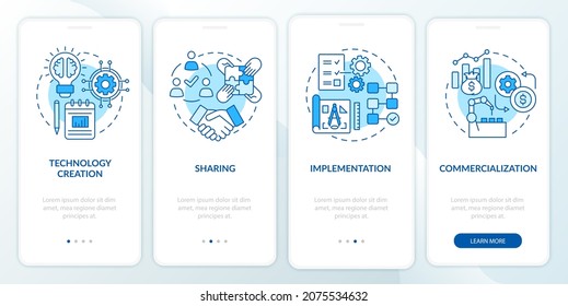 Proyecciones de transferencia de tecnología a bordo de la pantalla de la aplicación móvil. Intercambio e implementación de 4 pasos de instrucciones gráficas con conceptos. UI, UX, plantilla de vector GUI con ilustraciones de color lineales