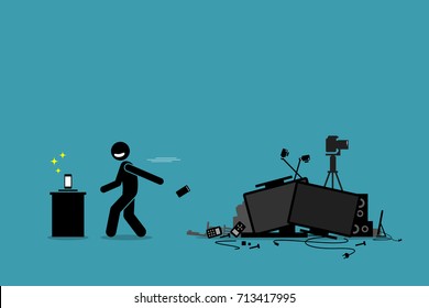 Tech Trash Problem. Vector Artwork Depicts A Man Throwing Away Old Phone And Other Outdated Devices To Pursue Newest Technology And Gadget. 